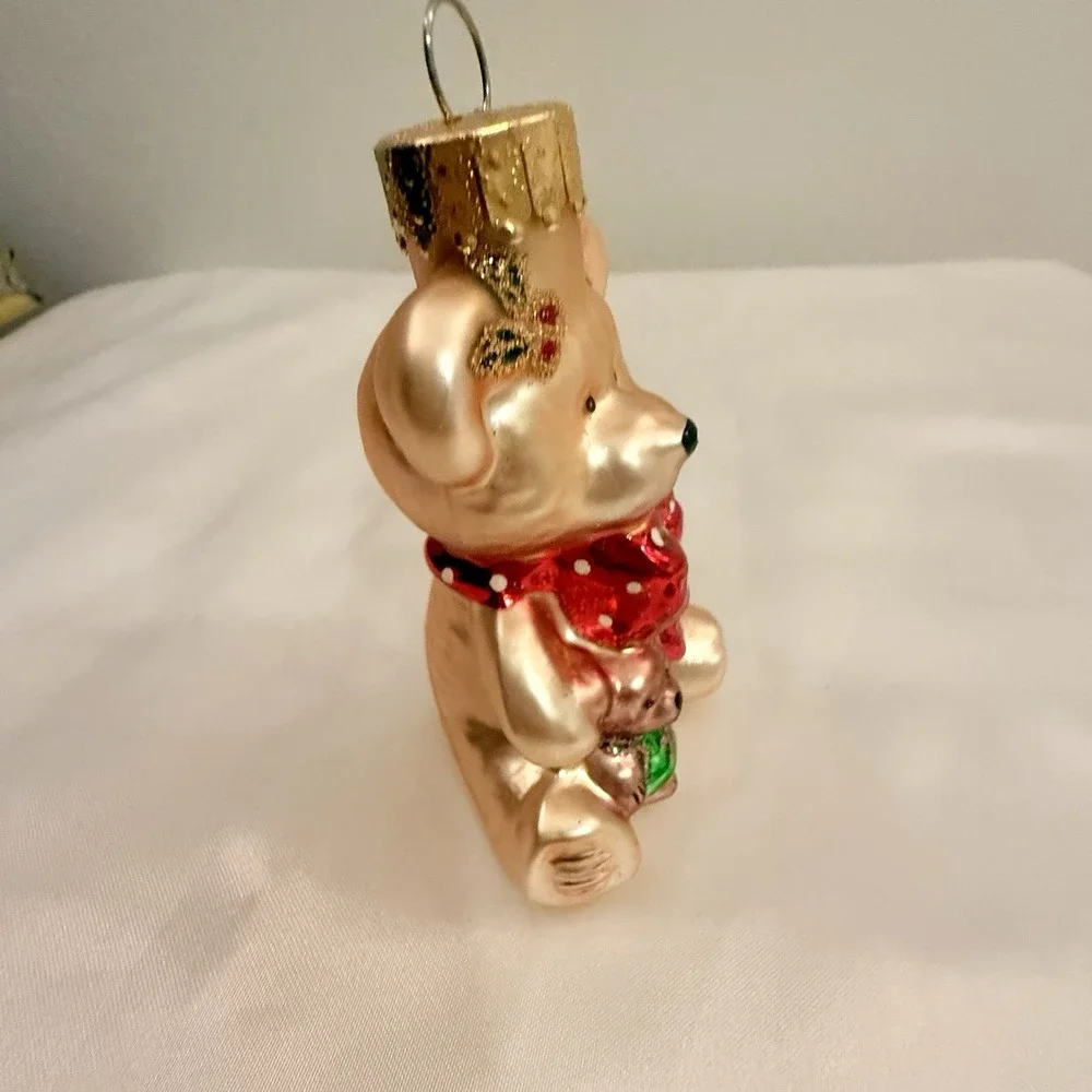 Inge Glass Hanging Ornament‎ Teddy Bear Rose Gold Mistletoe OWC Christmas